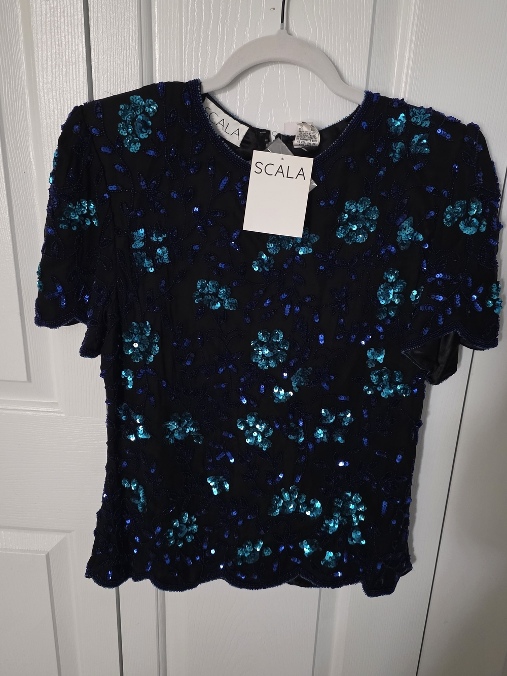 Scala Black Sequin Floral Short Sleeve Top with Teal and Blue Accents